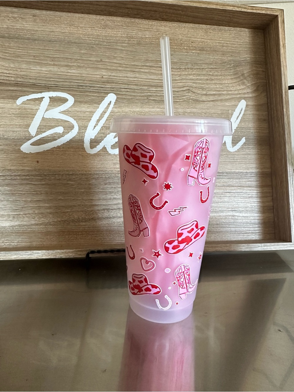 Pink Cowboy Boot & Hat Reusable Party Tumbler with Straw